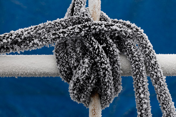 Hoarfrost accumulates on a knotted line on the flying bridge.